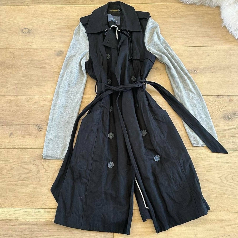 Gryphon Black Trench Coat with Grey Knit Sleeves - Picture 1 of 3